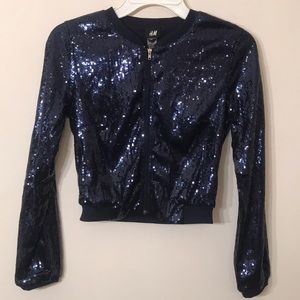 H&M navy blue sequin bomber jacket 2 XS